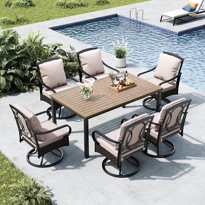 MFSTUDIO Outdoor Patio Dining Set for 6, Outdoor Table and Chairs for 6, Patio Rectangular Metal Table with Swivel Chairs, 7 Pieces Outdoor Dining Furniture Set, 1.6-2'' Umbrella Hole