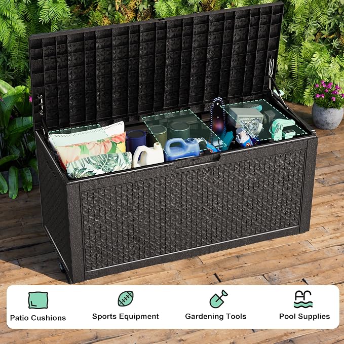 ROJIK 110 Gallon Waterproof Outdoor Deck Storage Box, Lockable Resin Patio Storage Bin with Lid for Garden Tools, Patio Cushions & Outdoor Accessories(Black)
