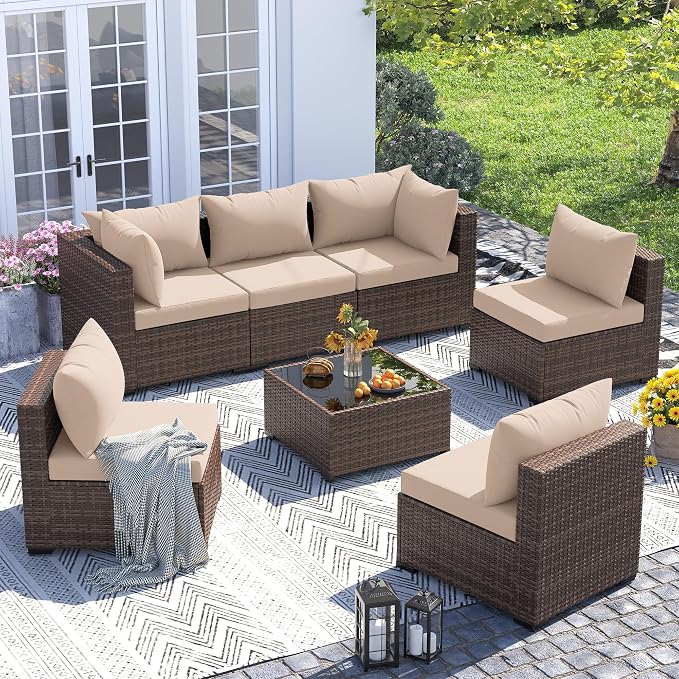 UDPATIO Furniture Set, 7 Piece Sectional Sofas with Wicker Coffee Table, Conversation for Garden, Backyard, Khaki