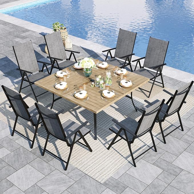 Sophia & William Patio Dining Set for 8, 8 Person Outdoor Dining Table Set Large Square Metal Patio Table and 8 Foldable Textilene Patio Chairs, Grey, 1.57"-1.9" Adjustable Umbrella Hole