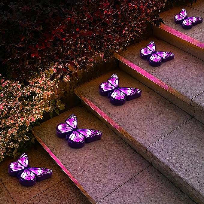 ground lights, equipped with 4 solar lights for outdoor waterproofing, butterfly solar landscape lighting, suitable for gardens, courtyards, terraces, corridors, lanes, and walkways (purple)