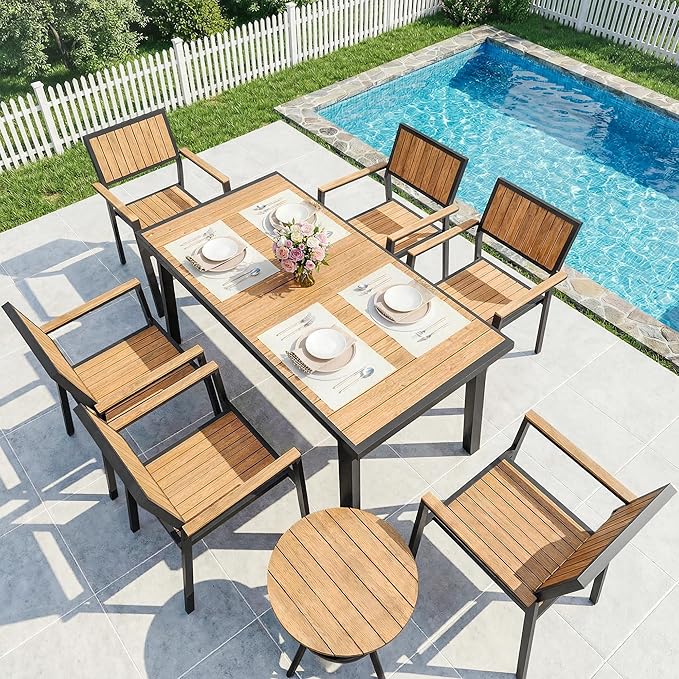 8-Piece Patio Dining Set, Outdoor Weather-Resistant Plastic-Wood Table & 6 Stackable Chairs, Outdoor Durable Aluminum Frame Furniture for Garden, Poolside, Backyard, Orange