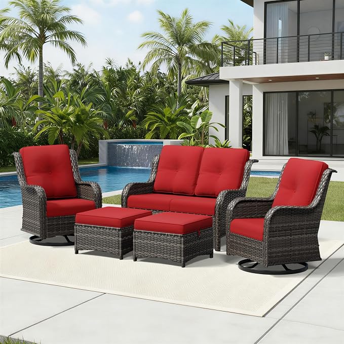 Joyside 5 Piece Wicker Patio Furniture Set, Outdoor Swivel Rocker Patio Chairs with High Back, Deep Seating, Wide Armrest, Thickened Cushions, Outdoor Furniture for Deck, Porch Use