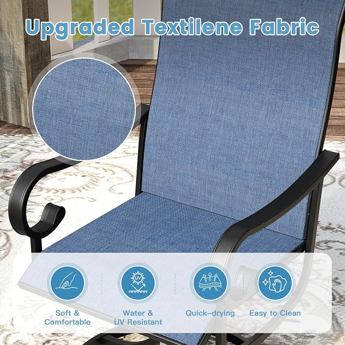 DIFY 7 Piece Outdoor Dining Set for 6, 50" Black Round Metal Dining Table with Umbrella Hole and Swivel Patio Chairs with Blue Textilene Fabric, Patio Table and Chairs Set for Garden Backyard Deck