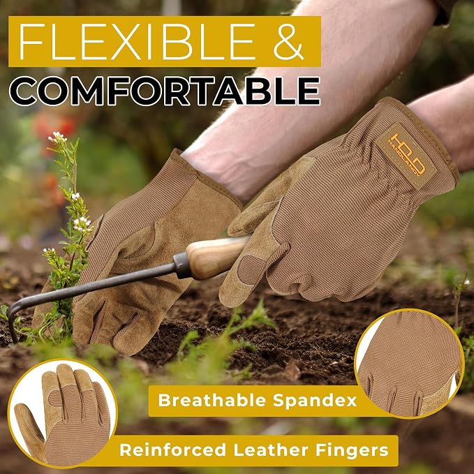 HANDLANDY Leather Gardening Gloves, Leather Work Gloves for Men Women | Durable Utility Men Women Garden Yard Working Glove, for Landscaping, Mechanic, Construction, Driving, Farming, Ranching