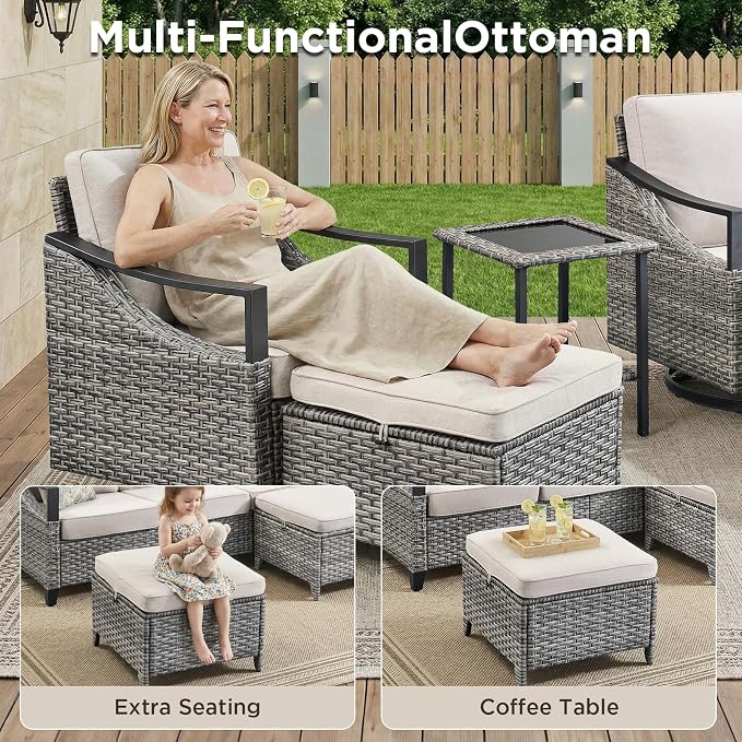 3 Pieces Wicker Patio Furniture Sofa Set-Outdoor Wicker Patio Furniture Covered Couch with Multifunctional Ottoman and All-Weather Outdoor Patio Conversation Set for Backyard Porch Garden Grey/Beige