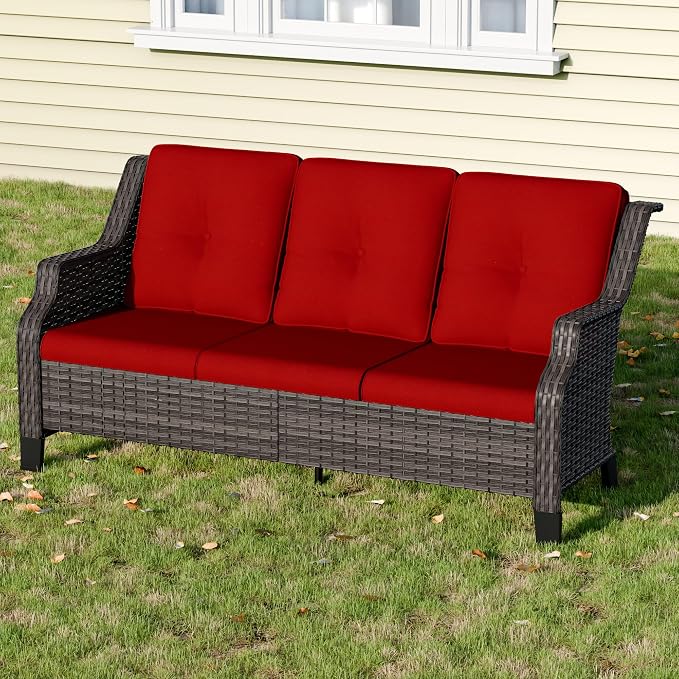 Outdoor Patio Sofa Wicker 3 Seater Sofa, Rattan Couch with Deep Seat and Olefin Cushions, High Backrest, All-Weather for Balcony, Deck, Backyard