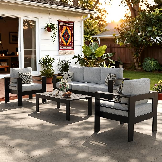 LayinSun Outdoor Aluminum Furniture Set, 4 Pieces Patio Sectional Conversation Chat Sofa Modern Seating Set with Coffee Table
