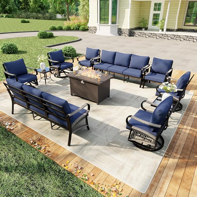 11 Pieces Modern Patio Furniture Set, All Weather Metal Outdoor Conversation Sets with Fire Pit Table for Backyard Garden Deck Porch Poolside, Blue