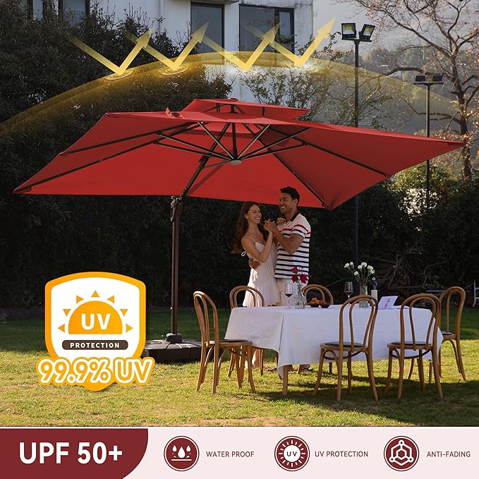9 X 12 FT Cantilever Outdoor Patio Umbrella with Base Included Large Heavy Duty 360° Rotation Double Top Offset Rectangular Umbrellas with LED Lights for Backyard Outside Deck, Red