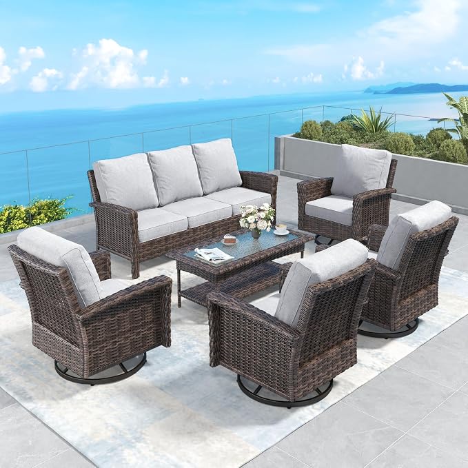 SUNSHINE VALLEY Patio Furniture Set with Swivel Chairs, High Back Wicker Rattan Furniture with 5.5" Thick Cushions and Coffee Table, Outdoor Conversation Set for Backyard Deck,7 Seats, Grey