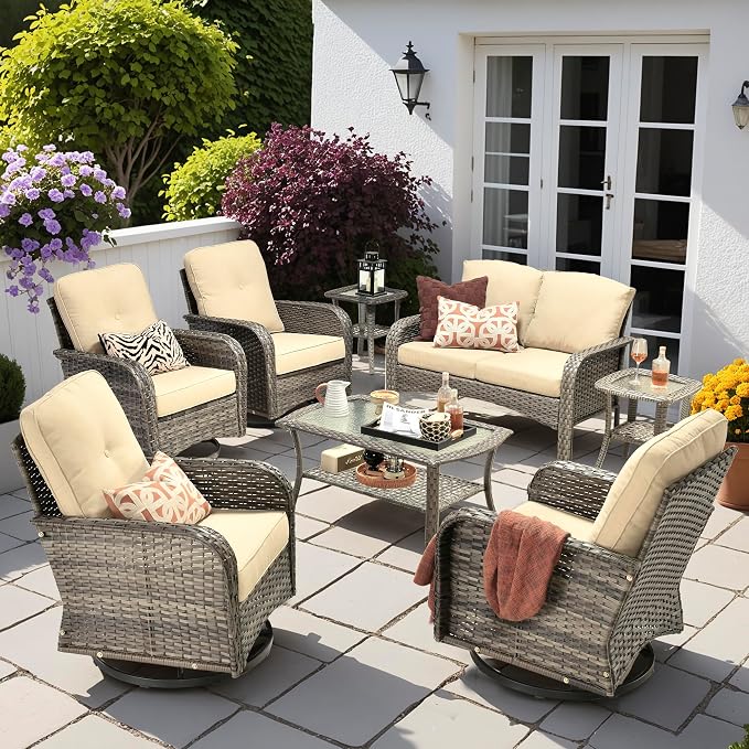 8 PCS Patio Outdoor Furniture Set with Swivel Rocking Chairs,All Weather Wicker Rattan Patio Seating Sofa and Chairs Set,Outdoor Conversaiton Sets for Deck Yard Prrch Garden Poolside,Beige