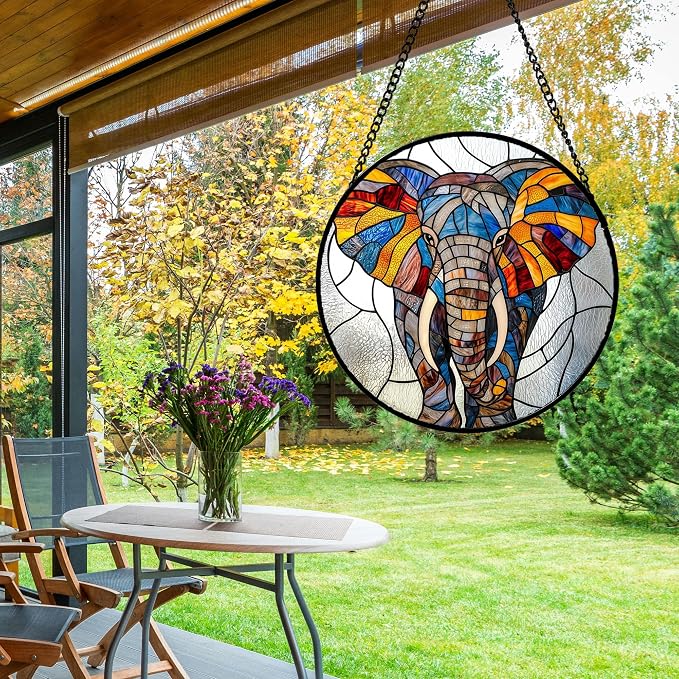 Stained Glass Window Hanging, Colorful Elephant Sun Catcher for Door Home Decor Animal Suncatcher Christmas Mother's Day Birthday Gifts for Women Men Mom and Nana 7.8 in
