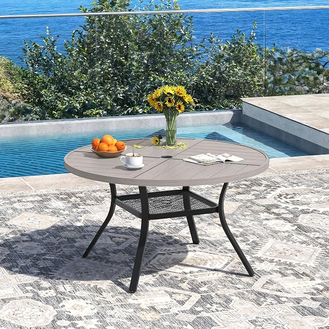 DIFY 5 Pieces Outdoor Dining Set, Metal Patio Table and Chairs Set for 4, 40.6" Round Dining Table with Umbrella Hole & Wicker Stackable Patio Chairs with Cushions, Grey Wood-Like Tabletop