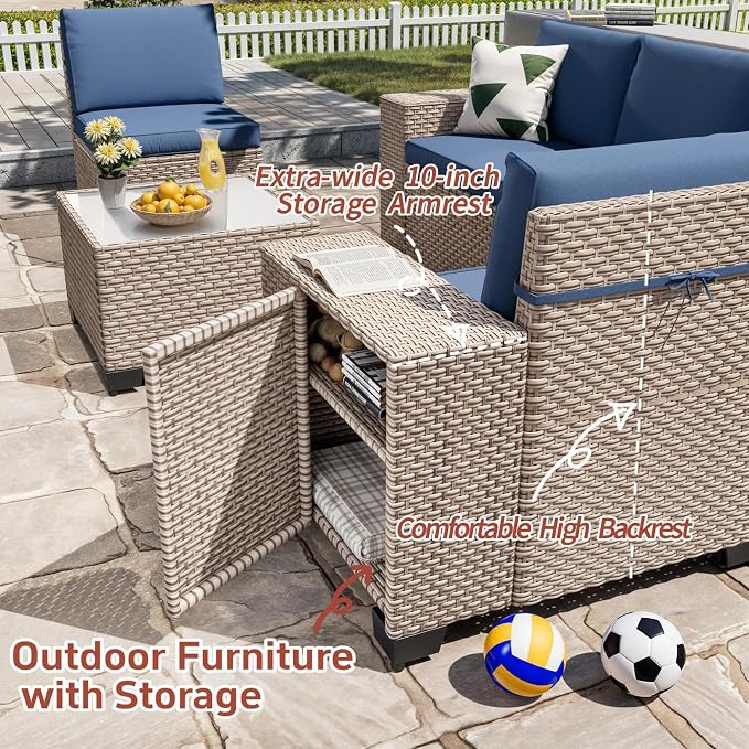 10 Pieces Patio Furniture Set with Fire Pit Table, Outdoor Sectional Wicker Sofa with Thick Cushions, High Back Swivel Rocker Patio Chairs, Rattan Conversation Set with Coffee Table, Navy