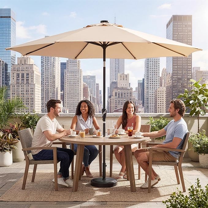 Garvee 9FT Patio Umbrella with 32 Solar LED Lights, Outdoor Table Market Umbrella with Tilt and Crank, 8 Sturdy Iron Ribs Sun Shade for Garden, Deck, Backyard and Pool, Beige