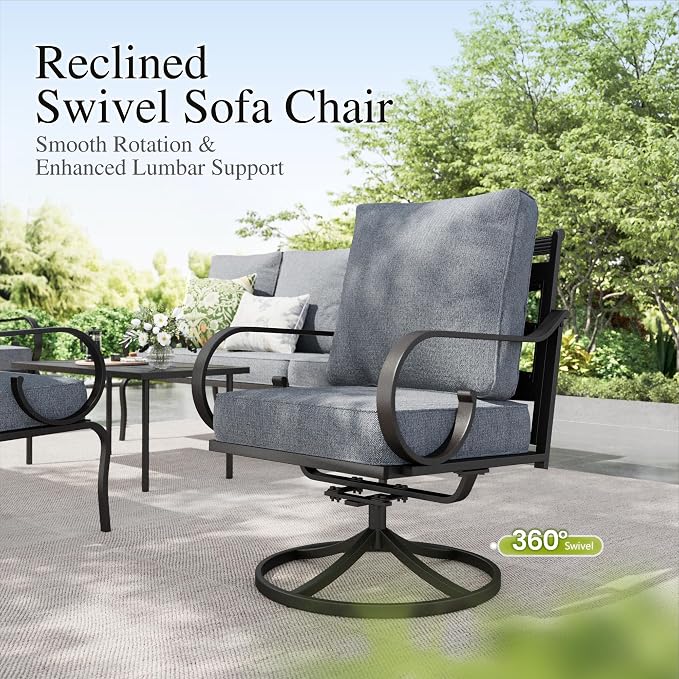 Sophia & William Patio Conversation Set for 7, 3-Seater Sofa, 4 Swivel Chairs and a Coffee Table, Metal Outdoor Furniture with 5.75" Extra Thick Cushions, Grey