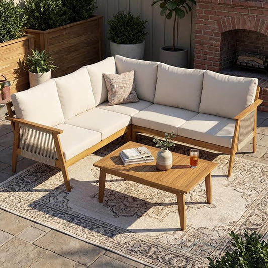 Outdoor 4pc Acacia Wood and Rope Sectional Patio Corner Set