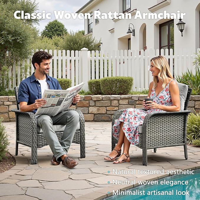CAODOC 2 Pack Wicker Patio Furniture Chairs,Outdoor Rattan Chairs with Armrest Support 250 lb,Gray