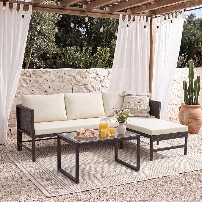 Tappio 3 Pieces Patio Furniture Sectional Sets, 3-Piece Outdoor PE Rattan Furniture Sets, Outdoor All-Weather PE Rattan Wicker Lawn Conversation Sets with Cushion and Glass Table