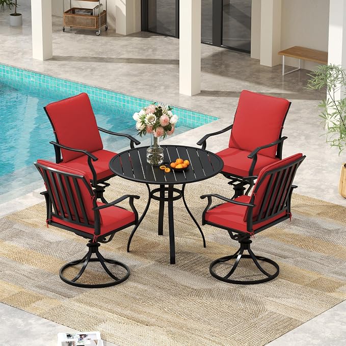 5 Piece Outdoor Patio Dining Set, 36’’ Round Dining Table with Umbrella Hole & 4pcsPatio Swivel Rocking Chairs, Outdoor Furniture Dining Set for Patio, Balcony, Lawn, Garden, Backyard
