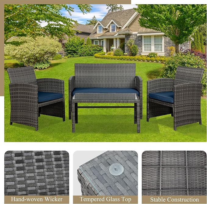 JAMFLY 4 Piece Outdoor Patio Furniture Set, Outdoor Wicker Rattan Chairs Conversation Sets with Cushions & Coffee Table for Outside, Garden, Balcony, Porch, Dark Blue