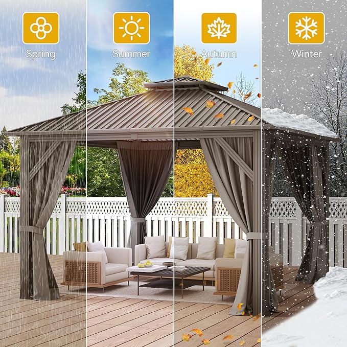 DWVO 12x12ft Hardtop Gazebo Double Roof with Nettings and Curtains, Heavy Duty Galvanized Steel Outdoor Vertical Stripes Roof for Patio, Backyard, Deck, Lawns, Gray