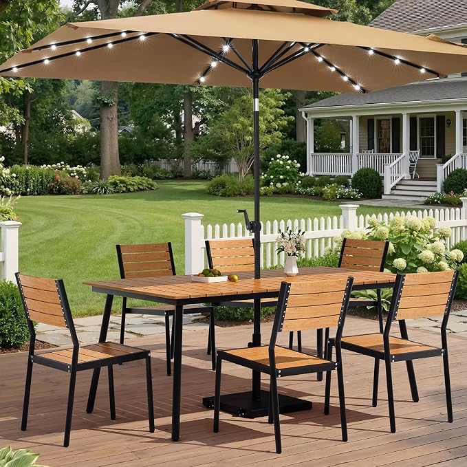 7-Piece Outdoor Dining Set for 6 Person with Teak Wood-Grain Top | Armless Stackable Chairs with 19.4" Seat Depth, Aluminum Frame Dining Furniture with Umbrella Hole for Deck, Porch & Backyard