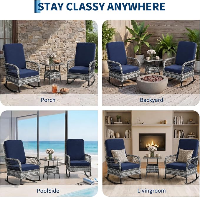 GarveeLife 3 Piece Outdoor Wicker Rocking Chair Set, Hollow Rattan Rocker Chairs with Side Table, Gray Gradient Wicker with Blue Cushions for Patio, Porch, Backyard
