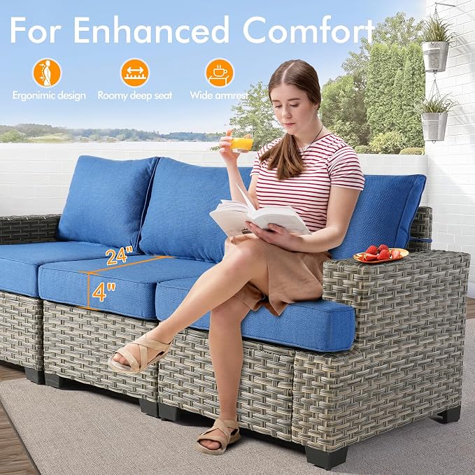 9 Pcs Outdoor Sectional Patio Furniture Set with Fire Pit Table and Swivel Rocking Chairs - All Weather Wicker Modular Outside Sectional Couch,Patio Seating Outdoor Conversation Sets,Blue