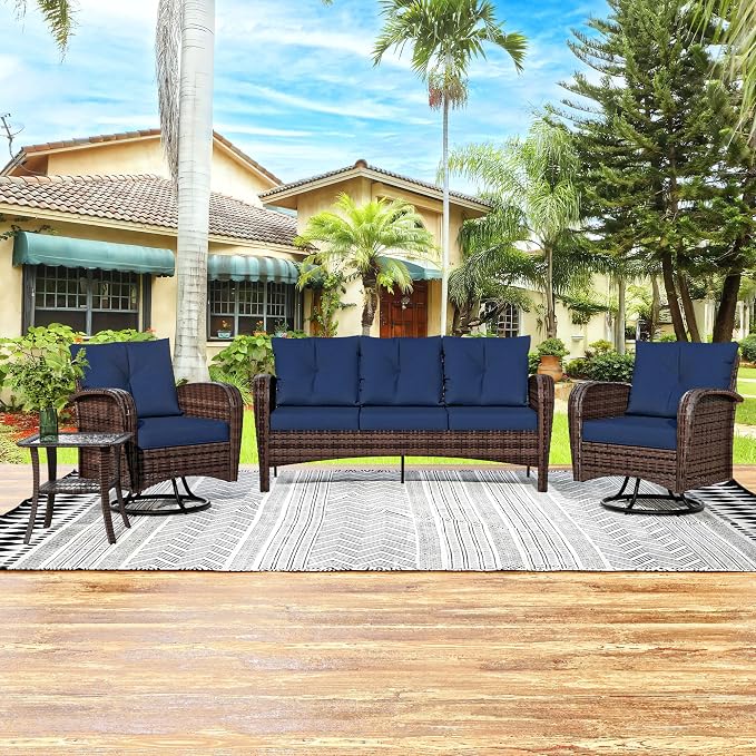 4 Pieces Patio Set, 73" Rattan Loveseat Sofa, Coffee Table, Wicker Swivel Glider Chairs, Cushion with Water Resistant Cover, Outdoor Conversation Furniture, Couch for Sunroom (Navy Blue)