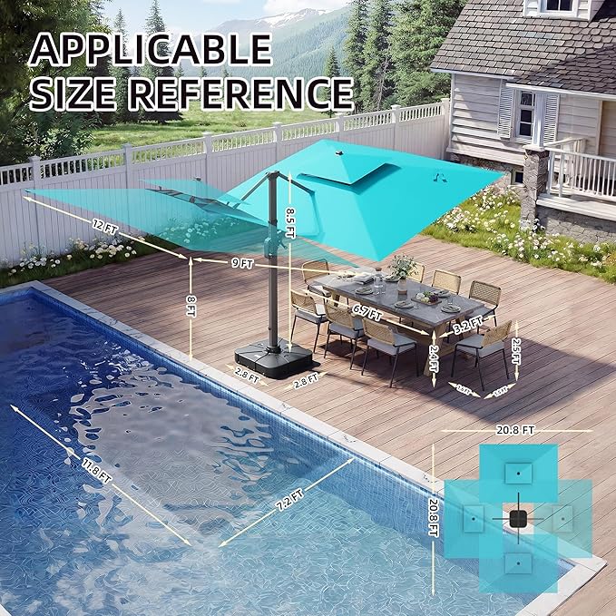 9 X 12 FT Cantilever Patio Umbrella with Led Lights and Base Included Heavy Duty Outdoor Double Top Large Rectangle Offset Umbrellas with 360-degree Rotation for Garden Pool Deck Backyard, Turquoise