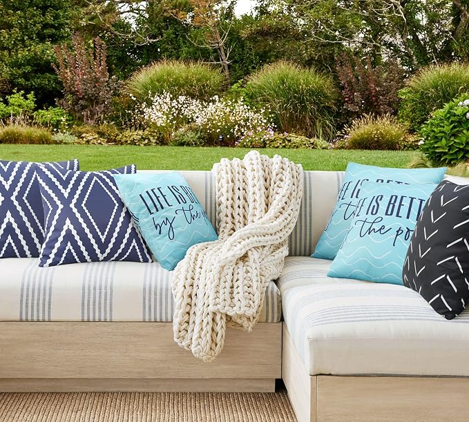 Adabana Outdoor Waterproof Pillow Covers 20x20 Inch, Life is Better | Blue Decor Waterproof Pillow Cover Set of 2 for Patio, Porch, Garden Furniture,Life is Better by The Pool