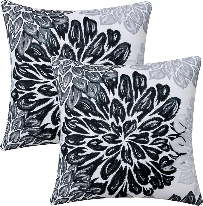 Allorry Outdoor Pillow Covers 20x20 Set of 2 Vintage Black Flower Pattern Decoration Throw Pillow Covers for Summer Fall Outdoor Waterproof Garden Patio Sofa Bedroom Home Decor JB012-E20