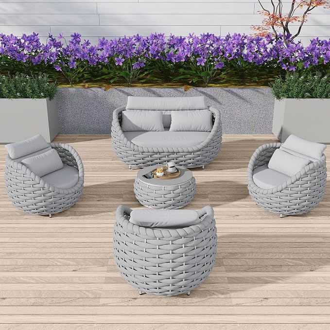 TWT Outdoor Patio Furniture Set-5 Pieces Aluminum Sectional Sofa, Metal Patio Conversation Set with Loveseat & Armchair, Textile Rope and Coffee Table, Light Grey