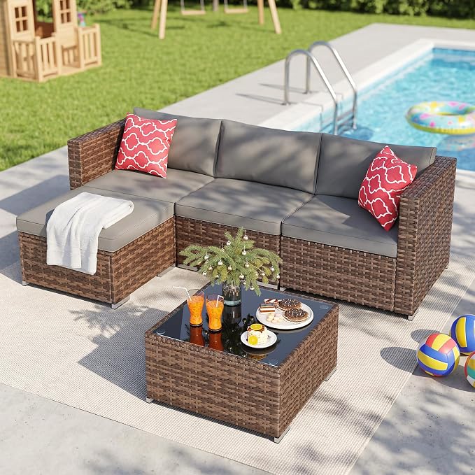 Ahomly 5 Piece Outdoor Patio Furniture Set, PE Wicker Rattan Sectional Sofa with Cushions and Glass Coffee Table, Outdoor Furniture Set for Garden Yard Porch, Grey