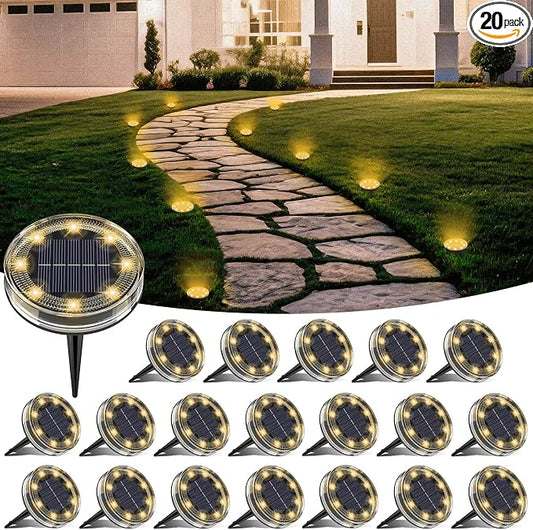 LOTMOS 20 Pack Solar Ground Lights Outdoor, 8 LED Solar Flat Lights IP68 Waterproof Disc Light, Landscape Lighting Solar Powered for Garden Yard Path Driveway Lawn Patio Walkway, Warm White
