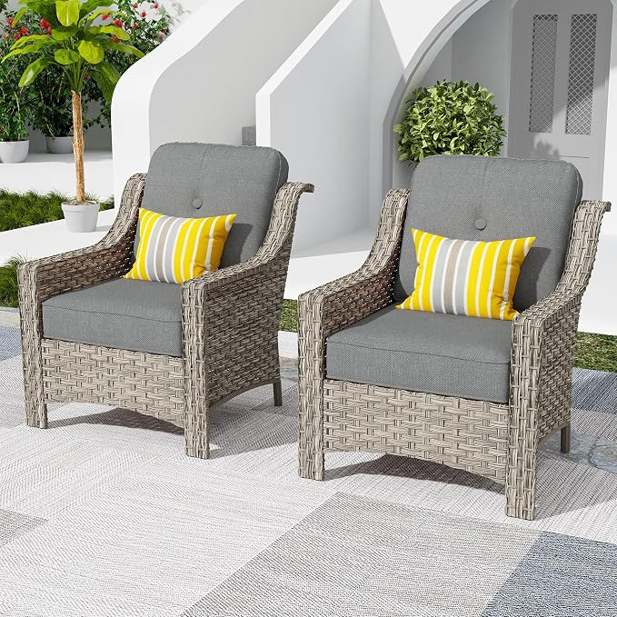 HOOOWOOO 2 Piece Patio Chairs Set,Outdoor Wicker Chairs,All Weather Resistant High Back Rattan Deck Chairs Matching Furniture(Dark Grey Gray)