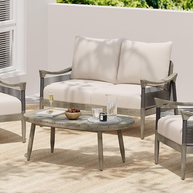 Merax 2-Piece Acacia Wood Patio Loveseat Set with Coffee Table | Grey Acacia Frame, Woven Rope Loveseat, Thick Beige Cushions, Arc Coffee Table For Porch, Garden, Backyard Or Balcony