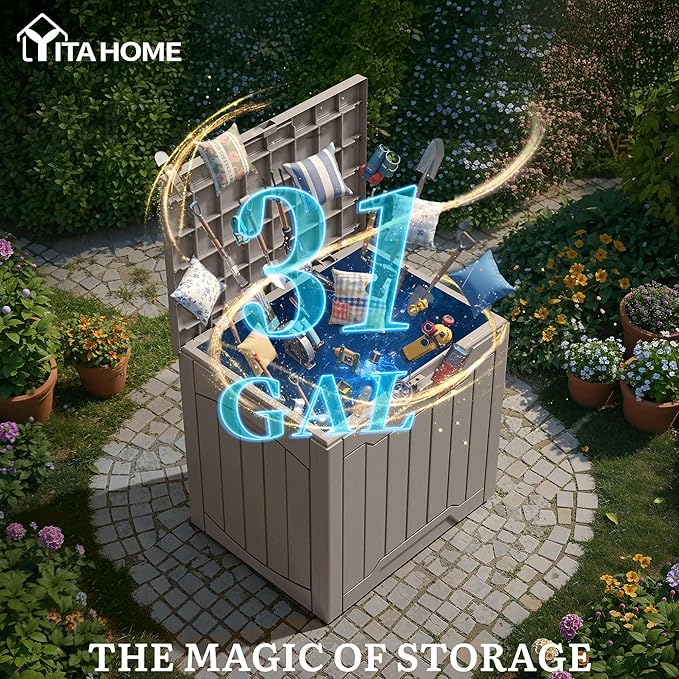 YITAHOME 31 Gallon OutdoorDeck Box, Lockable Resin Storage Box and Waterproof Package Delivery Box for Patio, Garden, Poolside, Cushions, Supplies & Sports Gear, Taupe