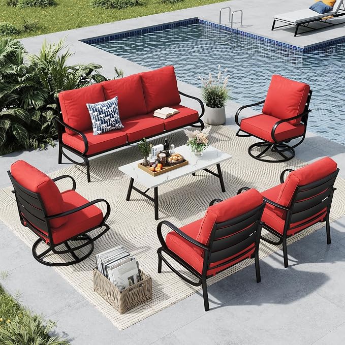MFSTUDIO 6 Pieces Metal Patio Furniture Sets, 2 Swivel Chairs, 3-Seat Loveseat Sofa, 2 Patio Chairs & 1 Marbling Coffee Table, All Weather 7 Seats Outdoor Conversation Set for Garden, Burgundy Red