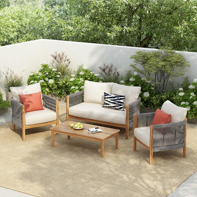 Christopher Knight Home Havets 4 Pieces Outdoor Acacia Furniture Set, Woven Rope Loveseat and Accent Club Chairs, Conversation Sets with 6" Thick Cushions for Backyard Garden Balcony, Gray+Beige