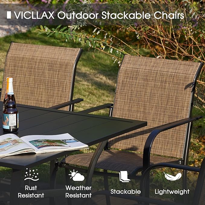 VICLLAX Patio Dining Set for 6, All Weather Metal Outdoor Furniture Set Includes 47" Round Patio Table and 6 Patio Stacking Chairs, Black Tabletop and Brown Fabric