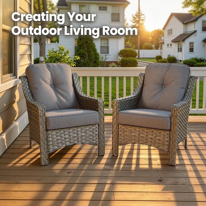 2 Piece Patio Furniture Set, Outdoor Wicker Chairs Set of 2 with Thick Cushion, Heavy Duty High Back Comfortable Chair for Small Balcony Porch Garden, Dark Gray