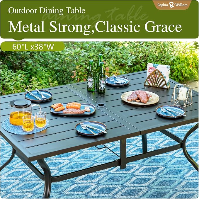 Sophia & William Outdoor Table and Chairs 7 Piece Heavy-Duty Patio Dining Set with 6 Padded Patio Swivel Dining Chairs and 1 Rectangular Metal Table with 1.57" Umbrella Hole for Garden Deck