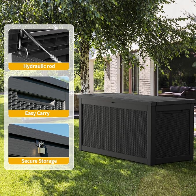 Outdoor Storage Box, 320 Gallon Lockable Resin Deck Box Large Waterproof, Patio Storage Bin for Furniture Cushion, Garden Tools and Pool Accessories, UV-Resistant Bench for Outside, Black