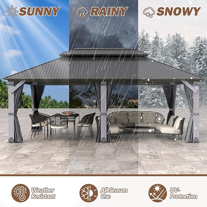 12' x 20' Wood Gazebo, Outdoor Hardtop Gazebo with Wood Posts and Galvanized Steel Doule Roof, Wooden Frame Gazebos with Netting and Curtains for Patio, Backyard, Dec