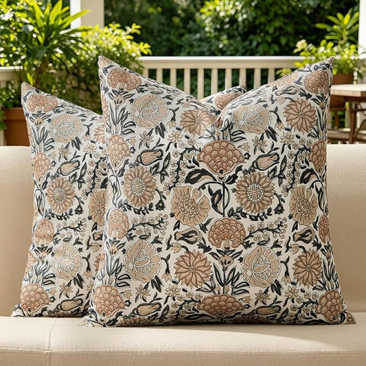 Allorry Outdoor Waterproof Pillow Covers 16x16 Brown Floral Outdoor Decor | Set of 2 Vintage Floral Block Print Pillow Cover,Farmhouse Boho Decorative for Spring Summer Outdoor Sofa Bedroom Decor