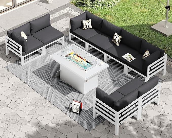 RADIATA 9 Piece Modern Aluminum Patio Furniture Set with Fire Pit Table, 500 lbs Heavy Duty Outdoor Sectional Sofa, 29" Deep Wide Oversized Seating Conversation Couch for Garden Exterior, Dark Gray