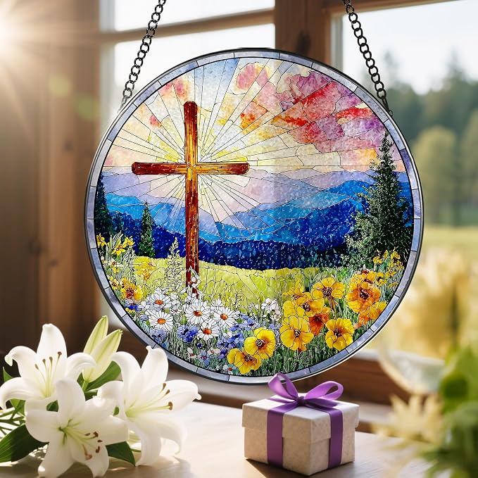 8 Inch Christian Cross Sun Catcher, Stained Glass Window Hanging, Religious Suncatcher for Windows, Sun Catchers Indoor Window, Christian Gifts, Religious Cross Gifts, Faith Home Decor